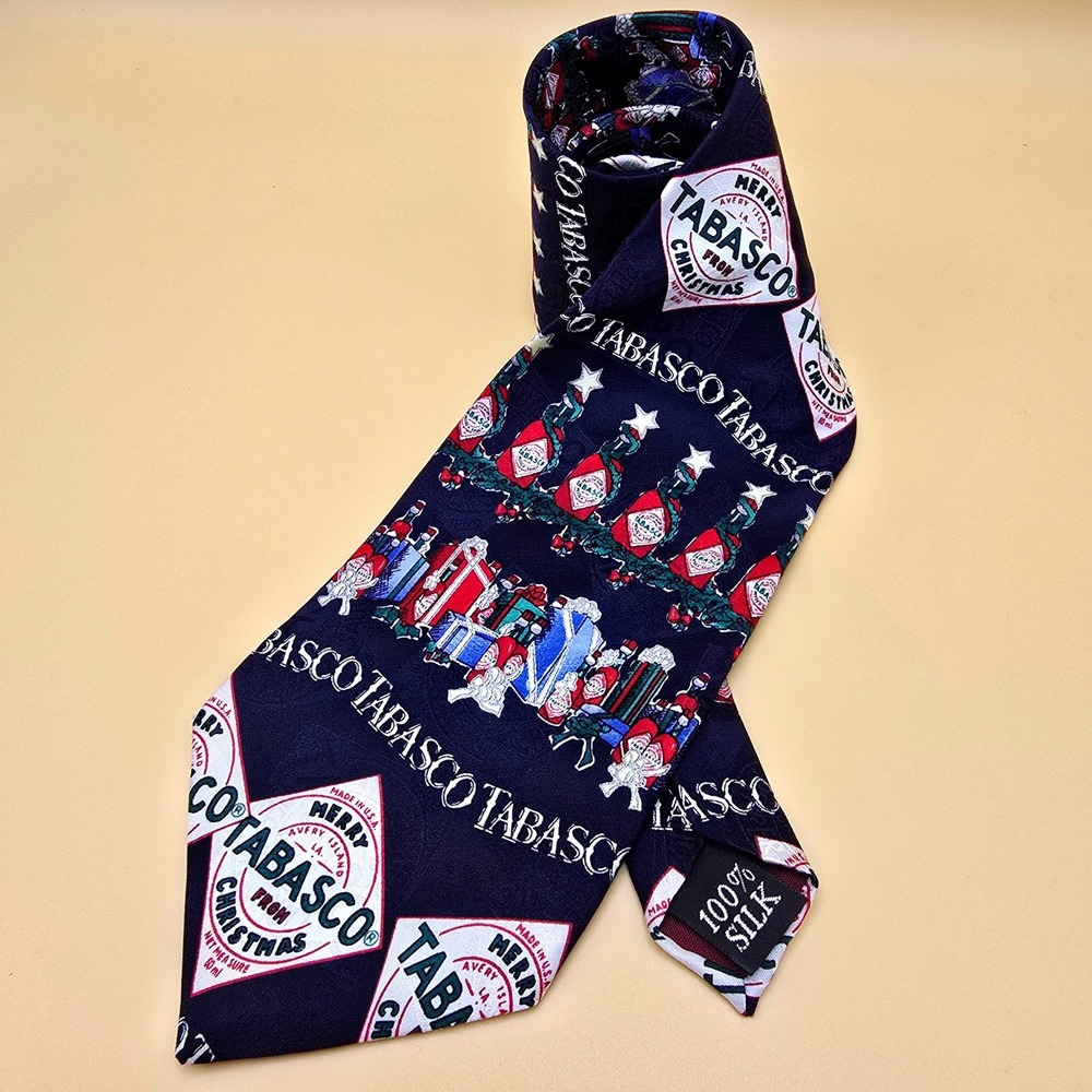 Tabasco Mens Silk Christmas Tie Navy Blue Holiday Pepper Sauce Bottles Gifts